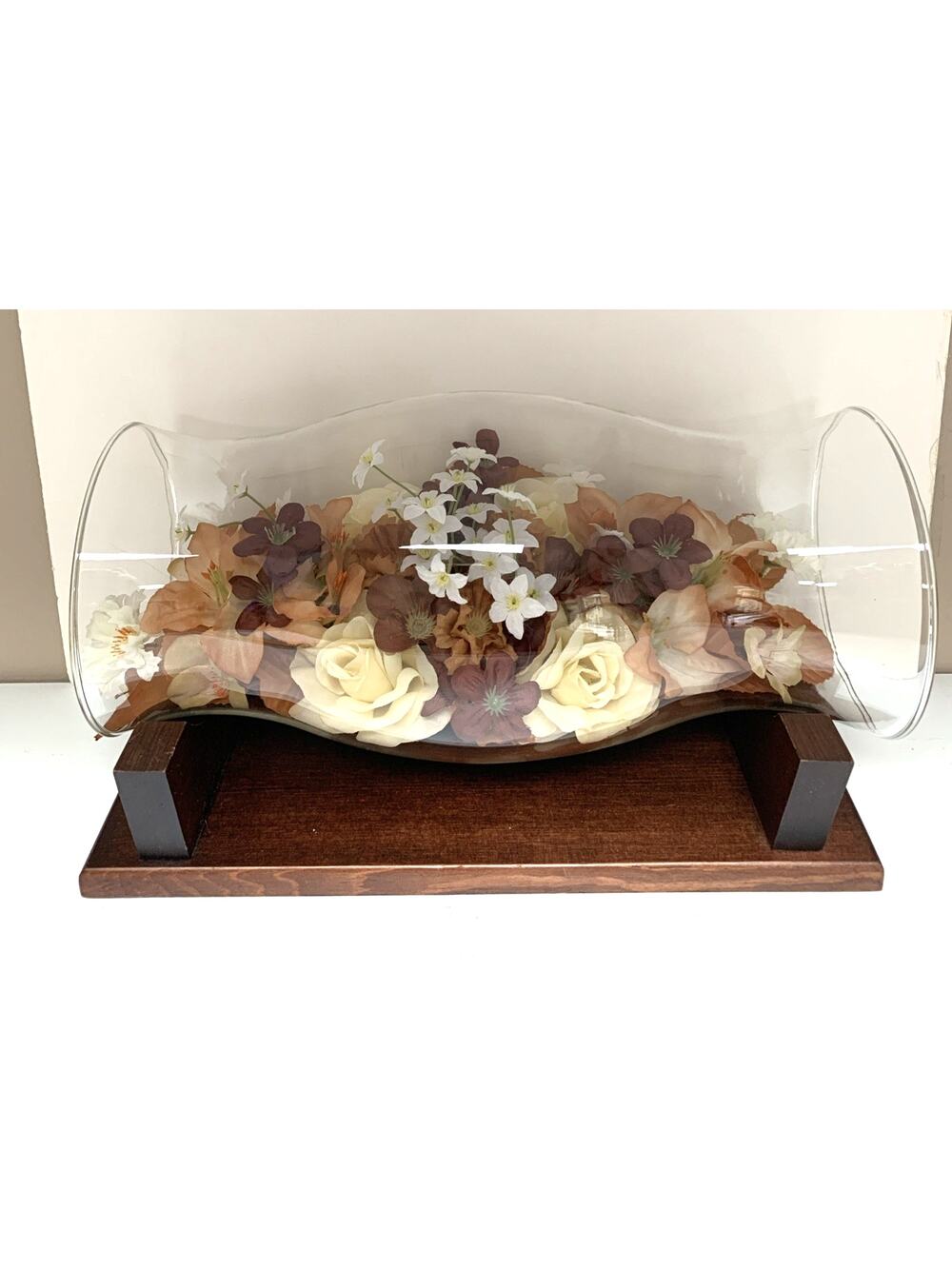 Vtg Horizontal Glass Faux Flower Centerpiece Table Hurricane USA Pine Retro